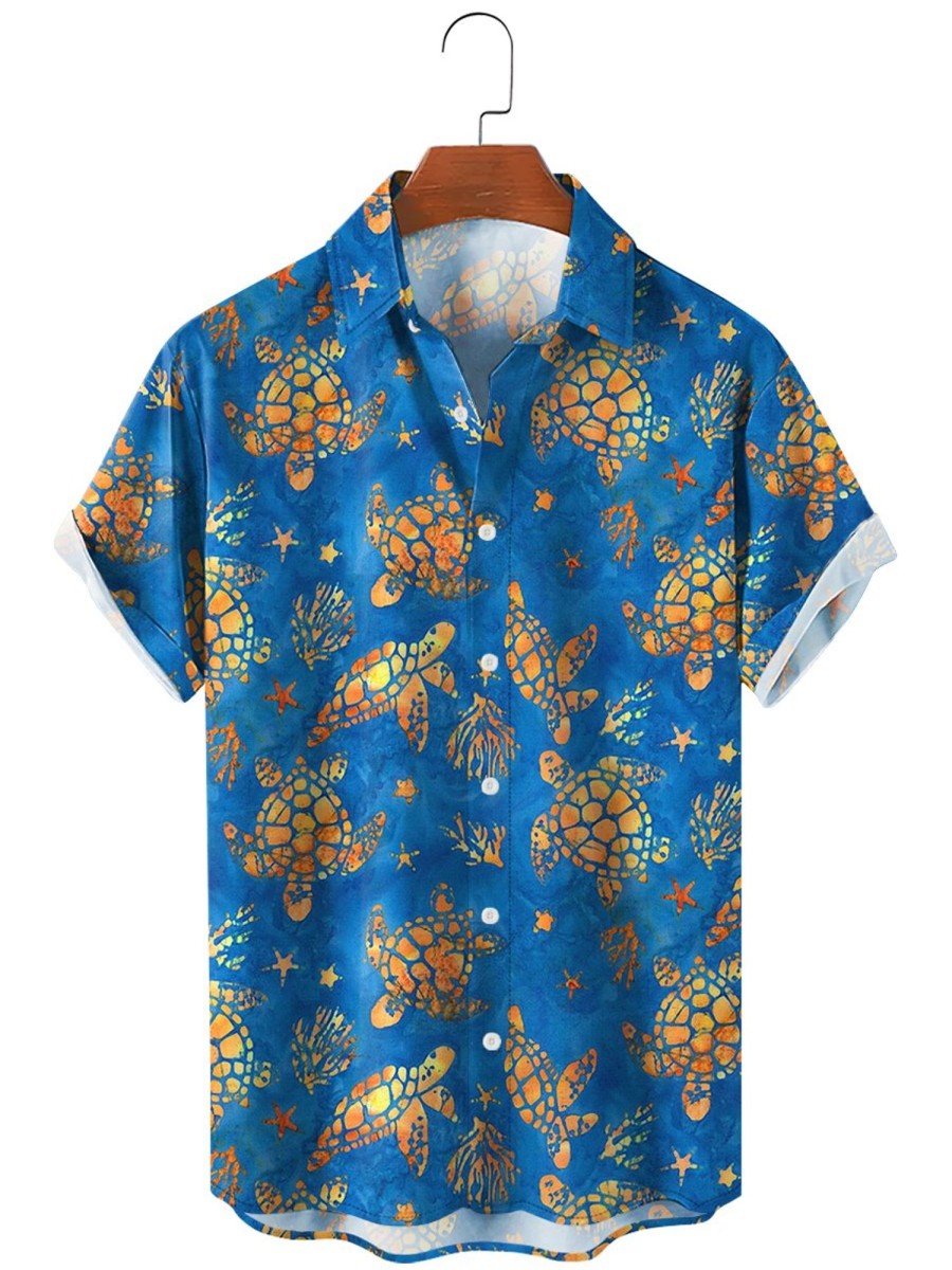 Men HLJ Shirts | Turtle And Starfish Casual Short Sleeve Shirt Blue