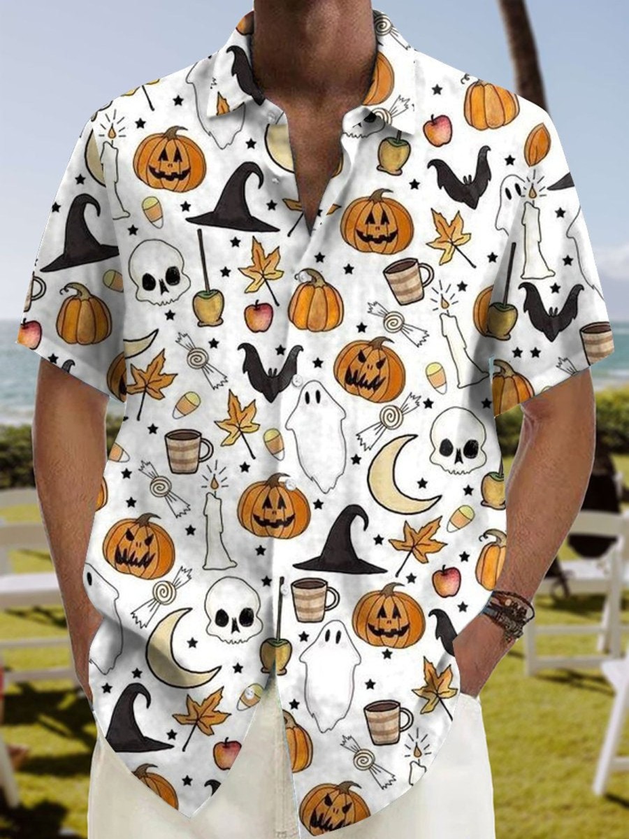 Men DJ Shirts | Fun Halloween Print Casual Short Sleeve Shirt White