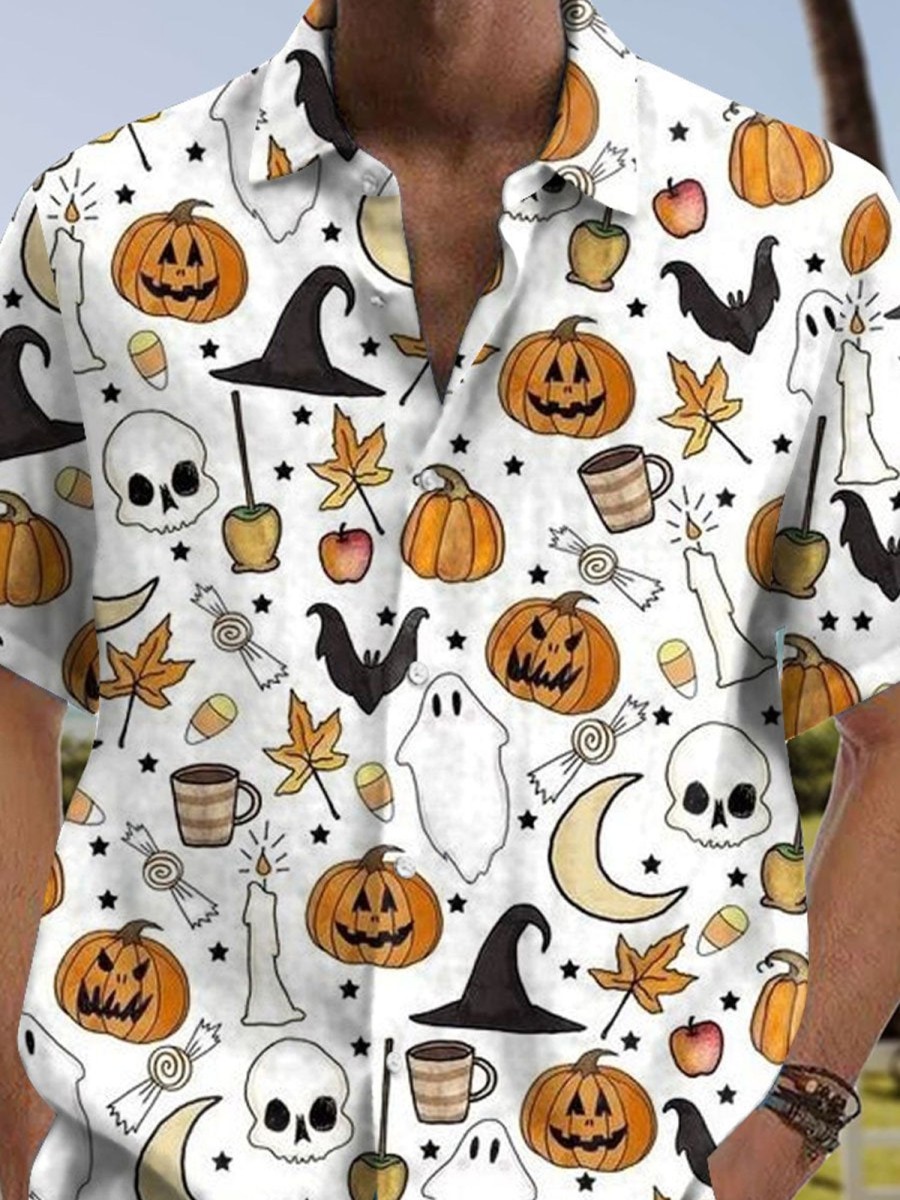 Men DJ Shirts | Fun Halloween Print Casual Short Sleeve Shirt White