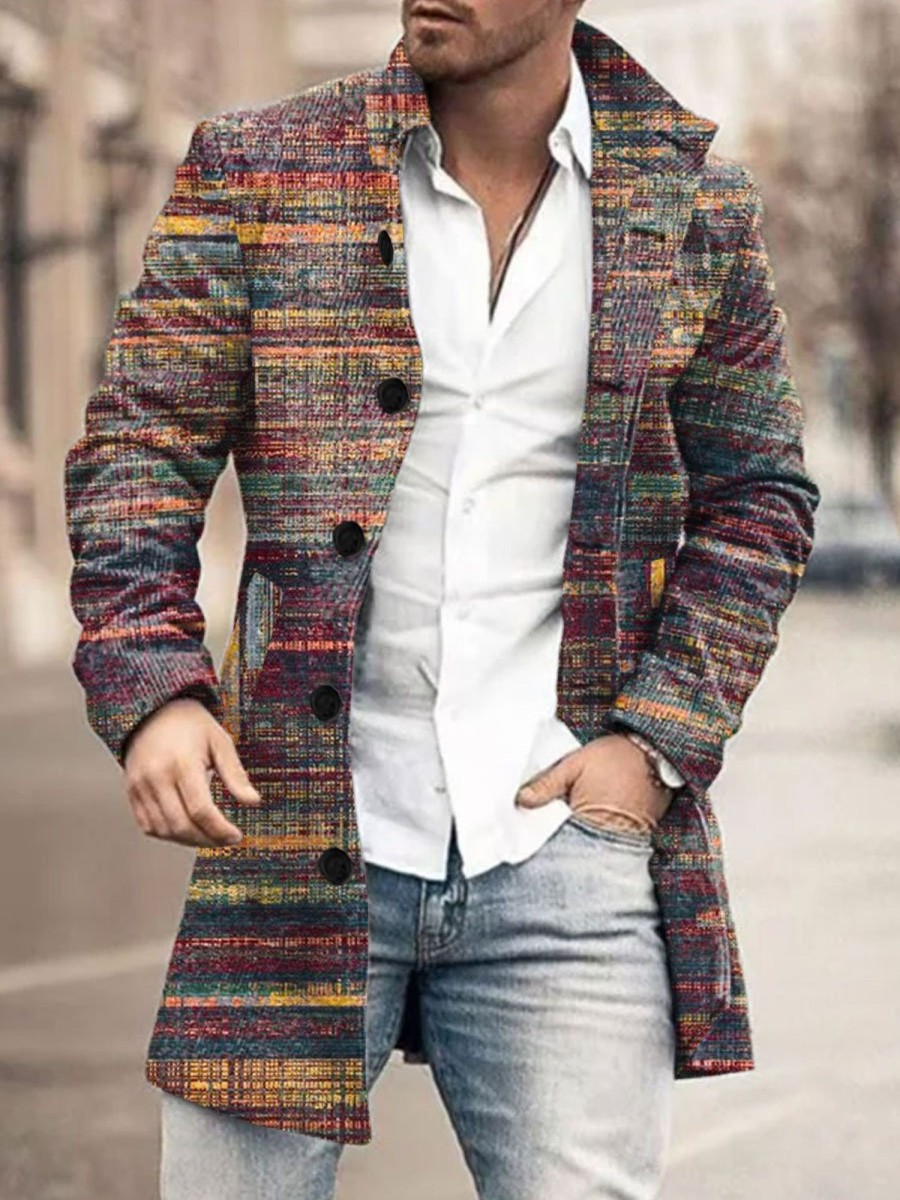 Men BXL Print Jacket | Men'S Casual Button Pocket Retro Colorful Geometric Wool Coat Purple