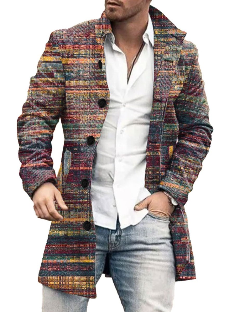 Men BXL Print Jacket | Men'S Casual Button Pocket Retro Colorful Geometric Wool Coat Purple