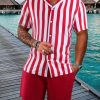 Men DJ Set | And White Stripe Print Casual Hawaiian Short Sleeve Shirt And Shorts Two-Piece Set Red