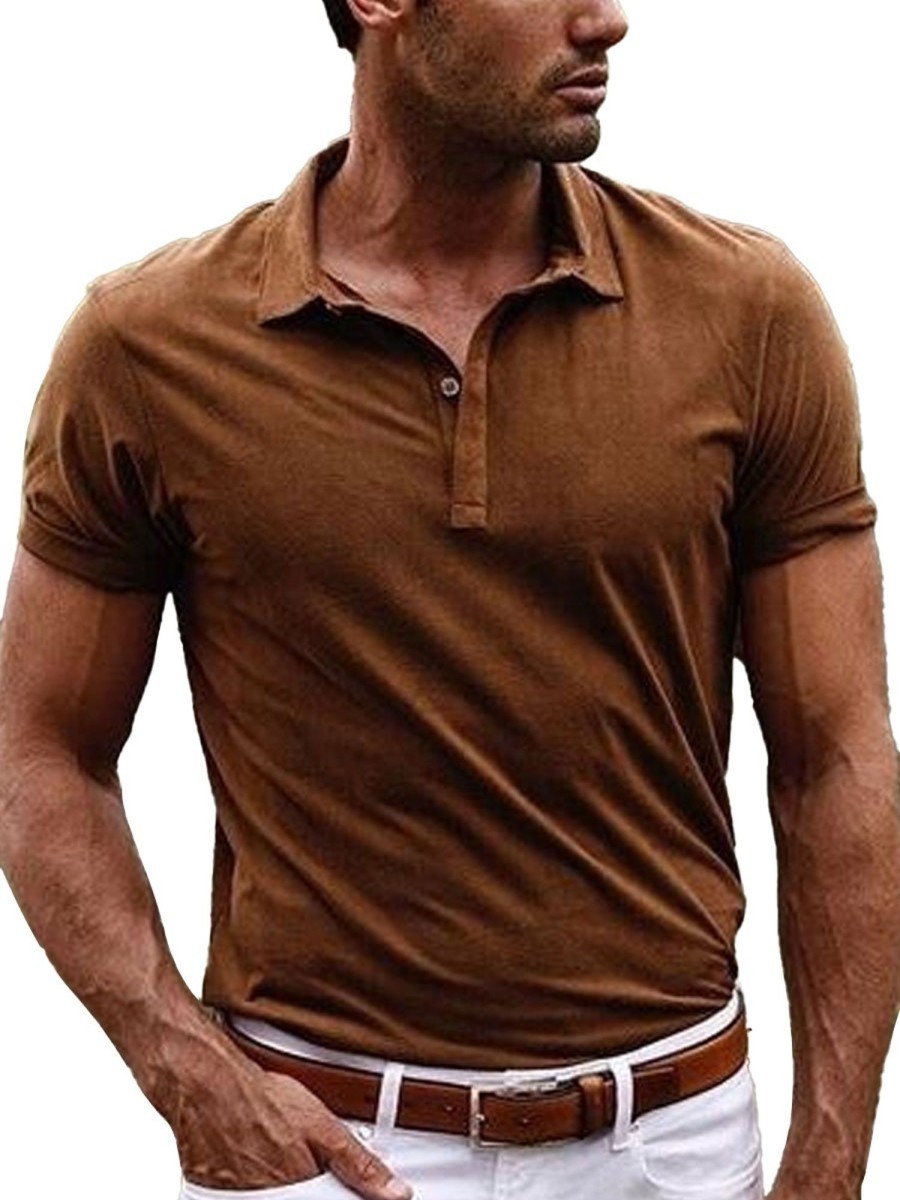 Men BXL Casual Shirts | Men'S Solid Color Cotton Polo Neck Short Sleeve T-Shirt Brown