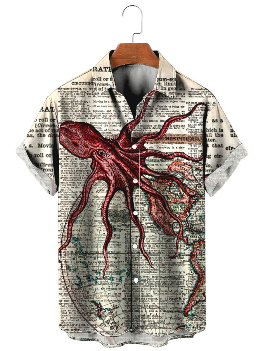 Men HWT Shirts | Vintage Hawaiian Shirts Octopus Art World Map Easy Care Shirts Khaki