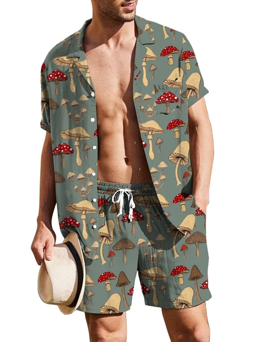 Men HLJ Set | Retro Mushroom Print Vacation Lounge Set Gray Green