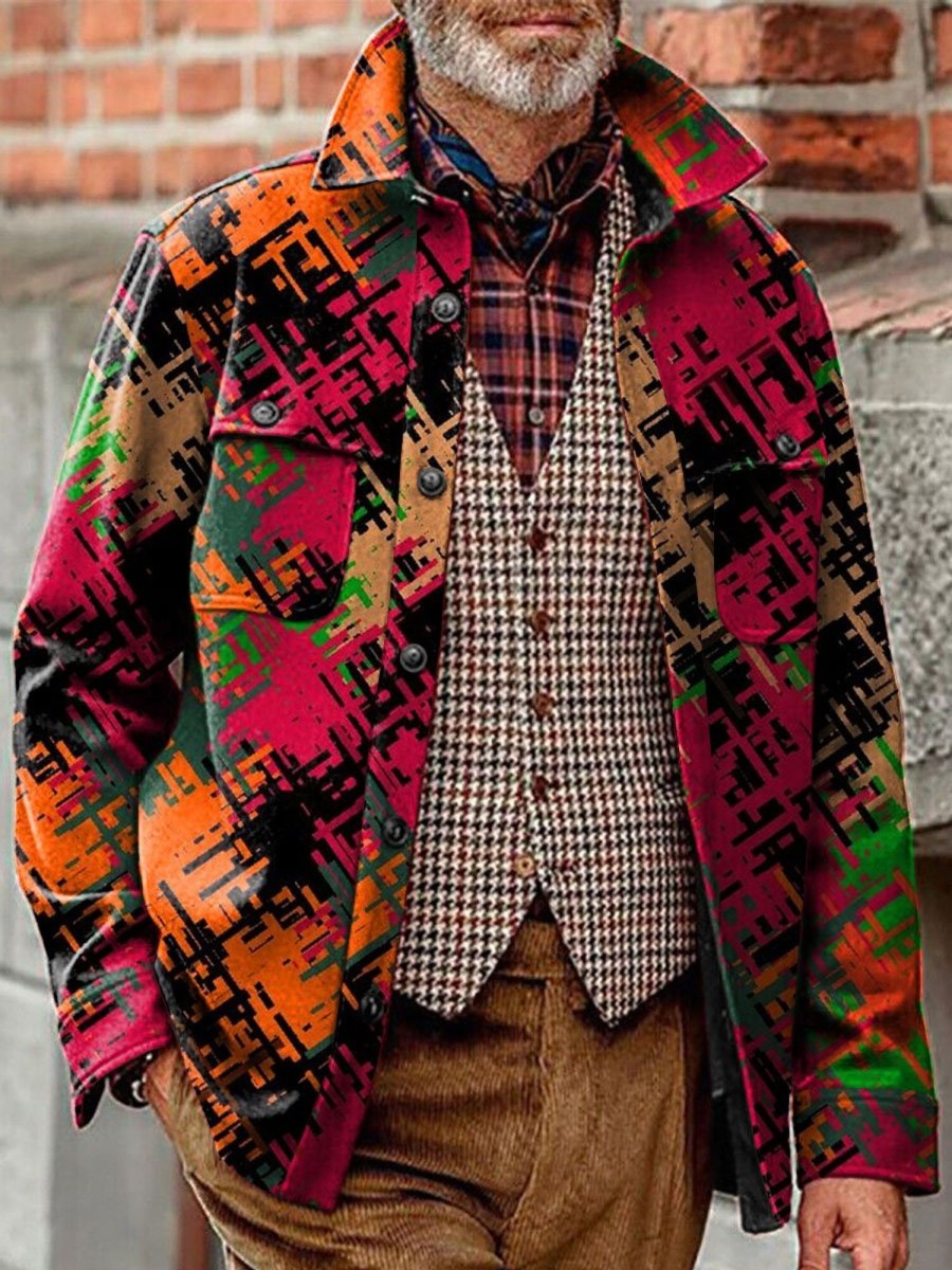 Men DJ Print Jacket | Vintage Colorful Graffiti Print Pocket Lapel Corduroy Casual Jacket Photo Color