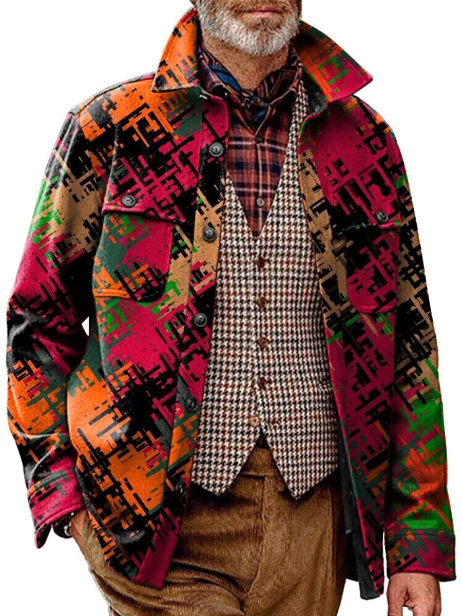 Men DJ Print Jacket | Vintage Colorful Graffiti Print Pocket Lapel Corduroy Casual Jacket Photo Color