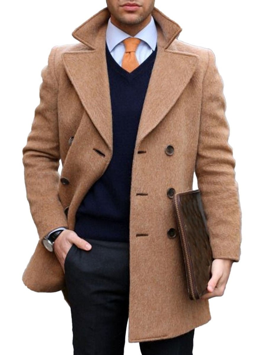 Men DJ Jacket | Lapel Double-Breasted Double-Pocket Classic Mid-Length Woolen Coat Brown