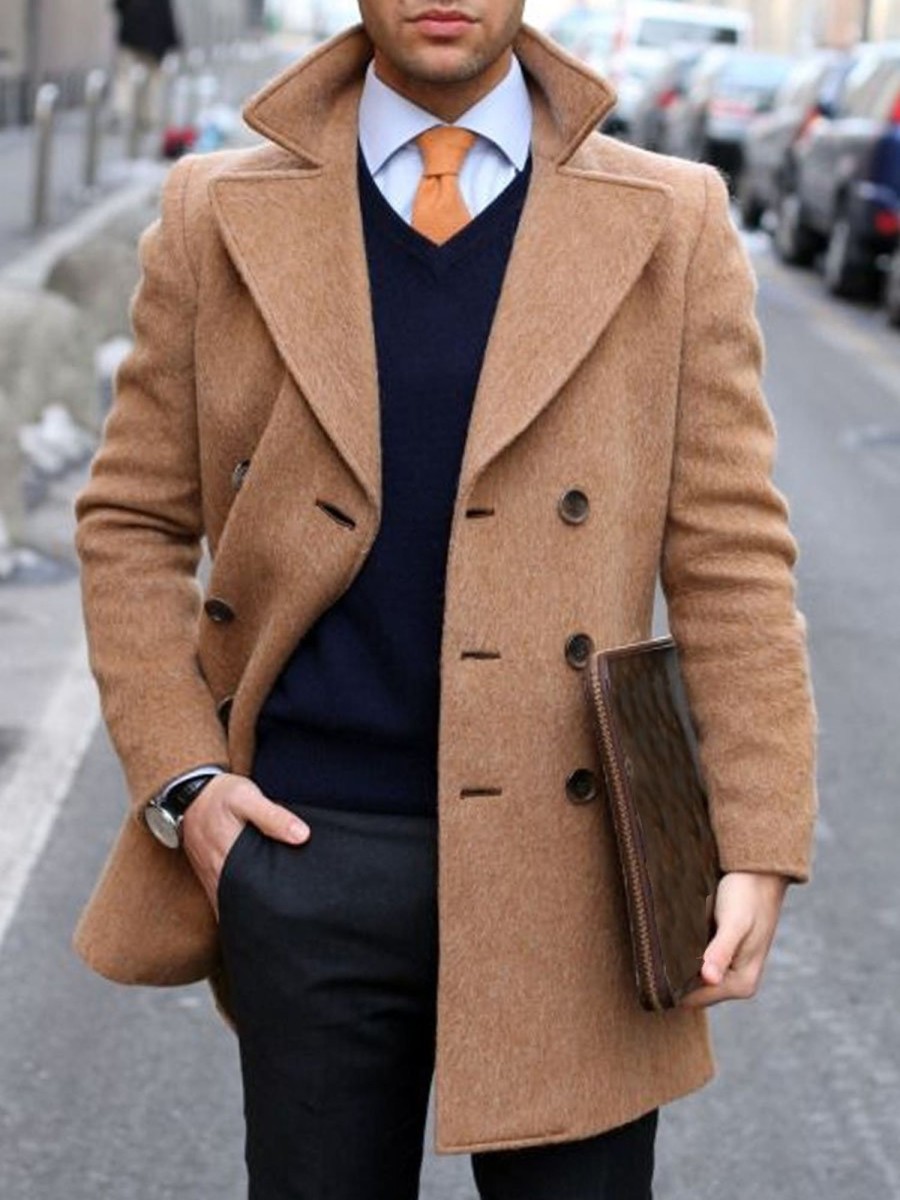 Men DJ Jacket | Lapel Double-Breasted Double-Pocket Classic Mid-Length Woolen Coat Brown