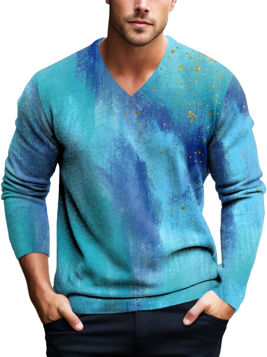 Men DJ Print Sweater | V-Neck Abstract Art Graffiti Print Casual Pullover Knitted Sweater Blue