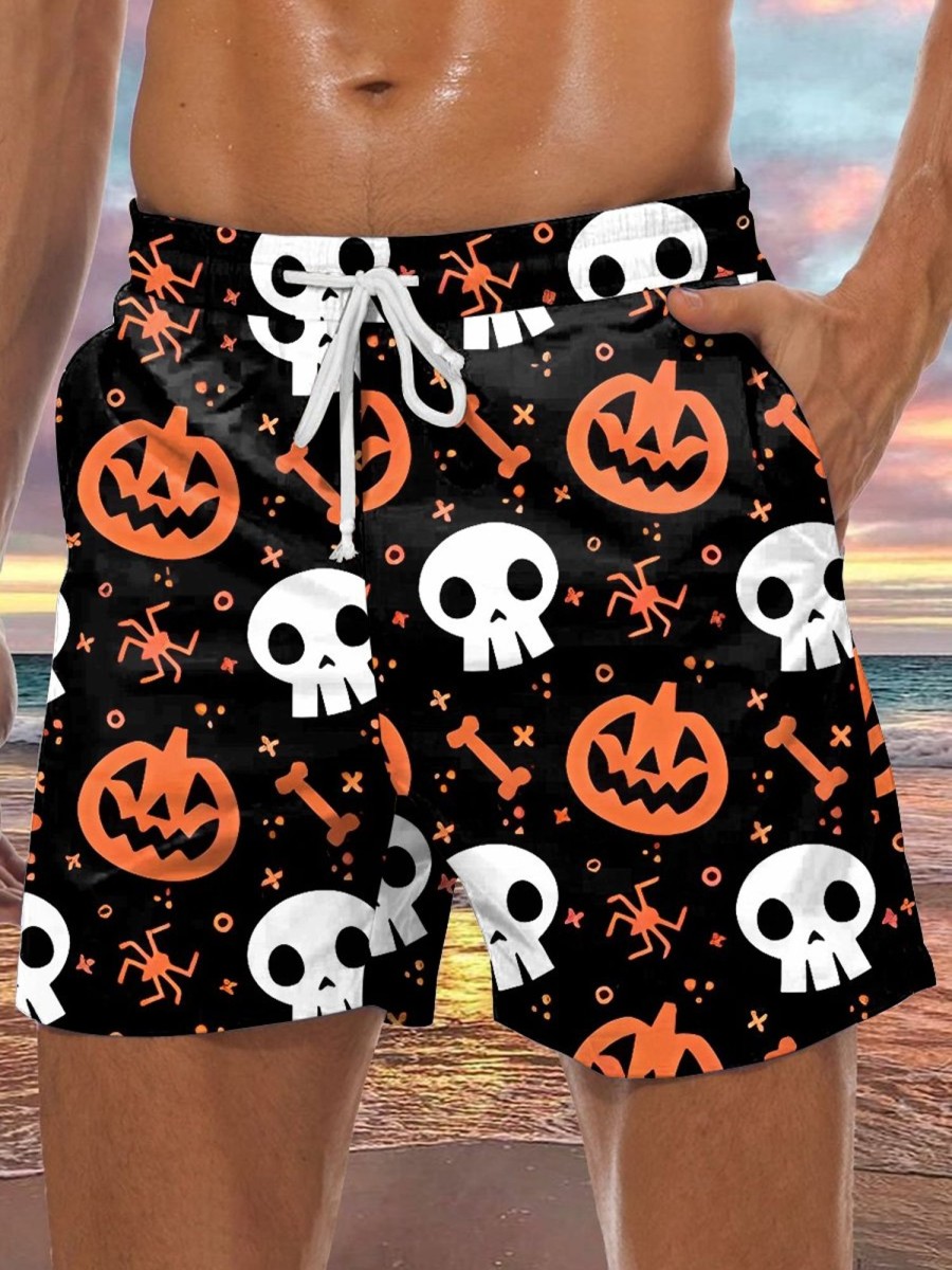 Men LJC Shorts | Pumpkin Skull Print Track Shorts Black