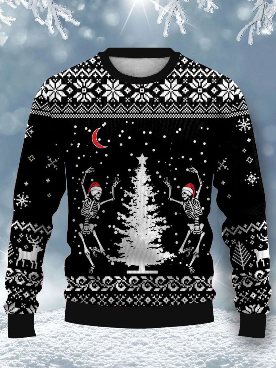 Men DJ Ugly Sweater | Fun Dancing Devil Print Casual Crew Neck Sweatshirt Black