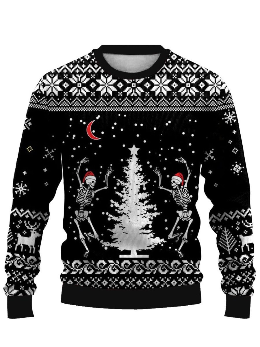 Men DJ Ugly Sweater | Fun Dancing Devil Print Casual Crew Neck Sweatshirt Black