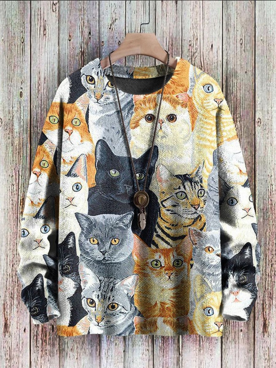 Men GYJ Print Sweater | Cat Print Crew Neck Knitted Pullover Sweater Photo Color