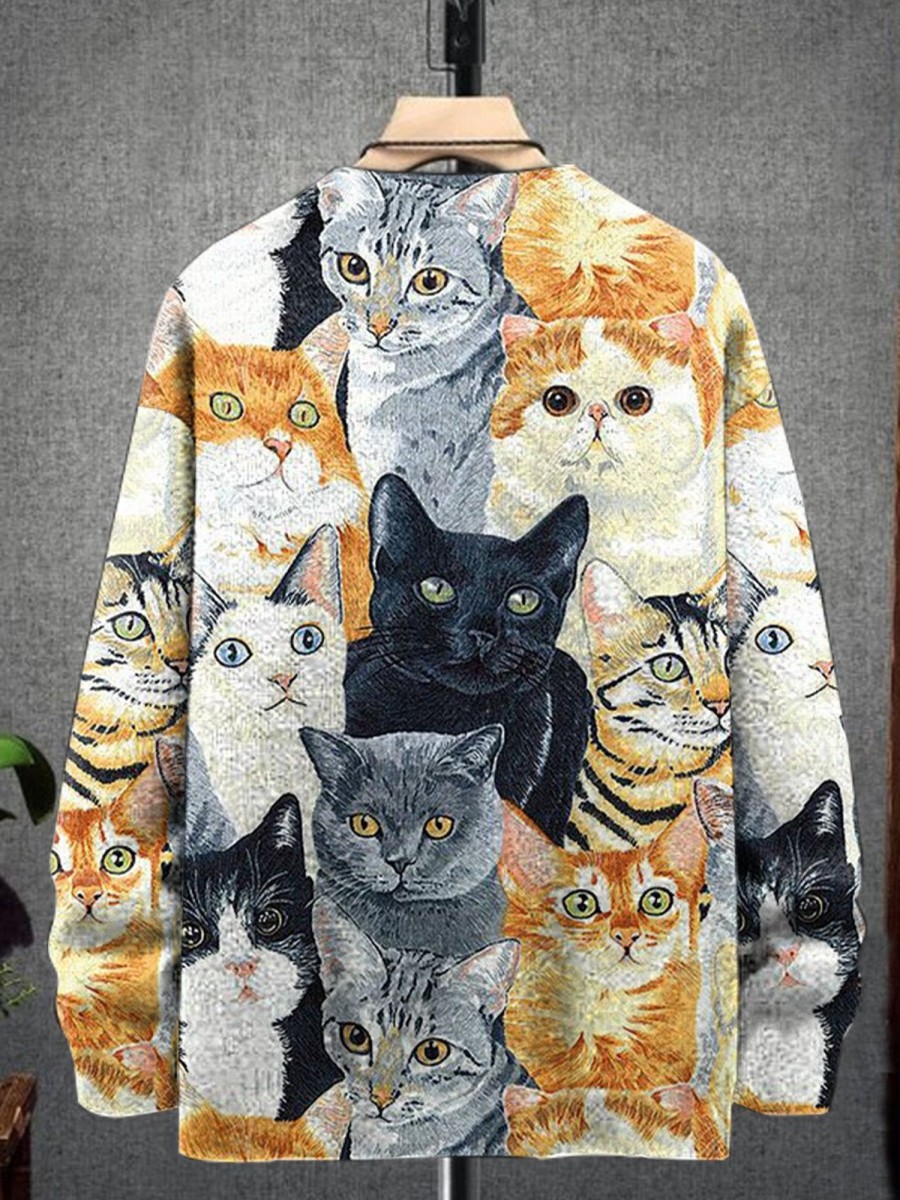 Men GYJ Print Sweater | Cat Print Crew Neck Knitted Pullover Sweater Photo Color