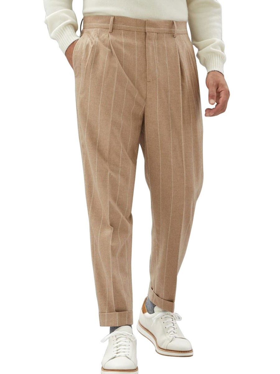 Men BXL Bottoms | Men'S Striped Wool Casual Elastic Waist Suit Pants Camel