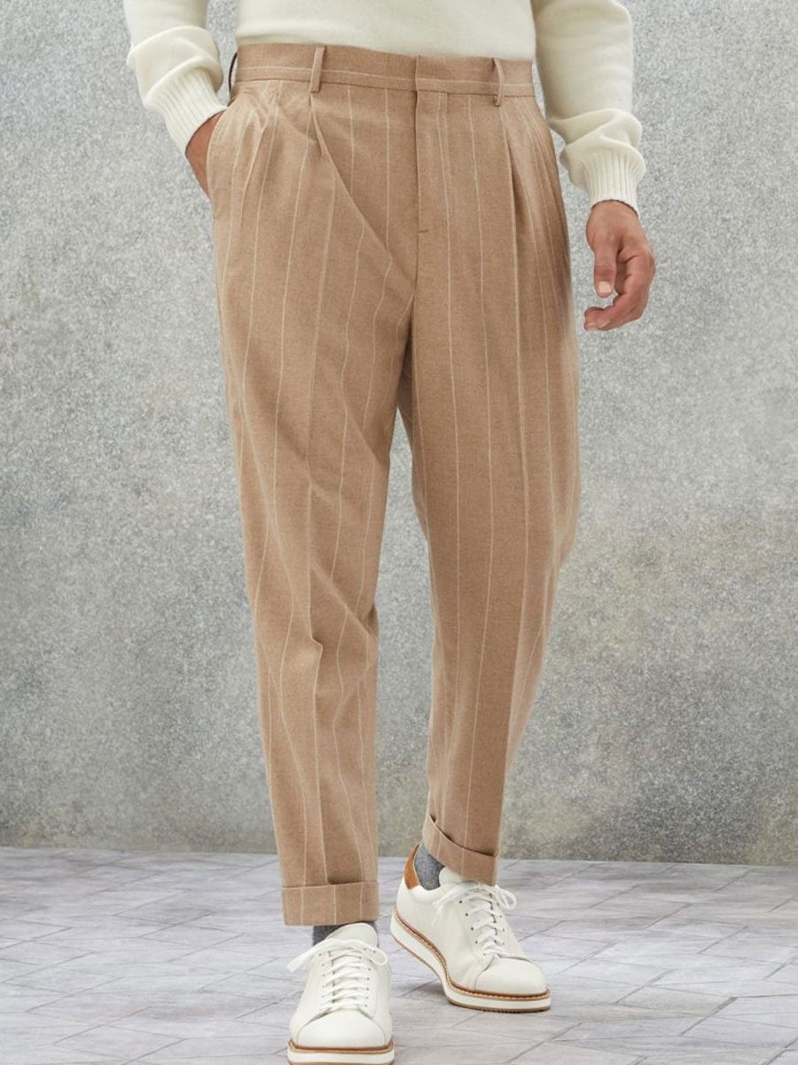 Men BXL Bottoms | Men'S Striped Wool Casual Elastic Waist Suit Pants Camel