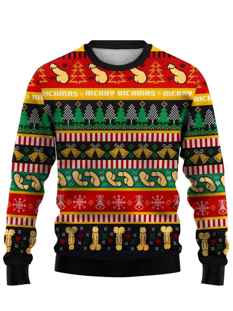 Men DJ Ugly Sweater | Fun Creative Merry Cockstmas Crew Neck Sweatshirt Photo Color