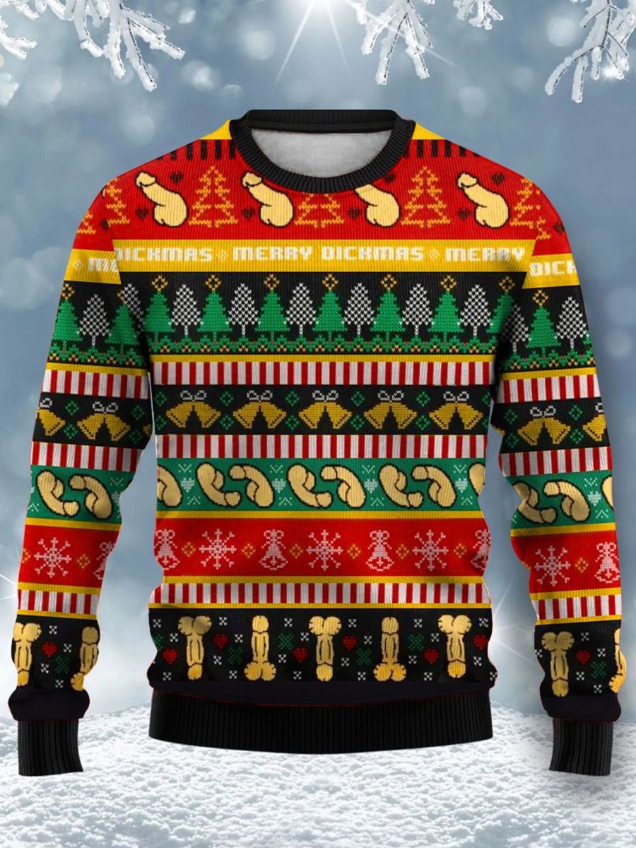 Men DJ Ugly Sweater | Fun Creative Merry Cockstmas Crew Neck Sweatshirt Photo Color