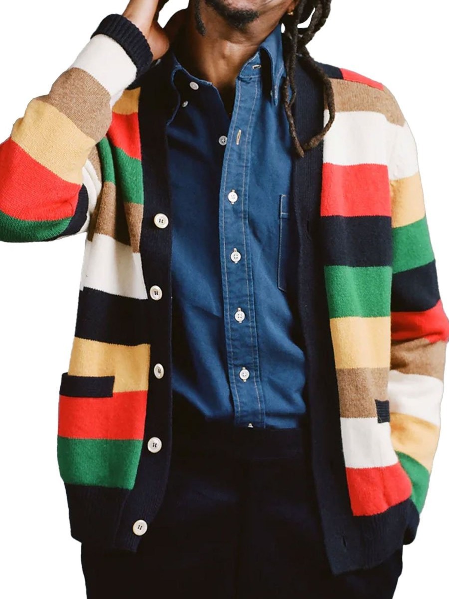 Men BXL Cardigan | Vintage Rainbow Multicolor Knitted Single Breasted Casual Cardigan Photo Color