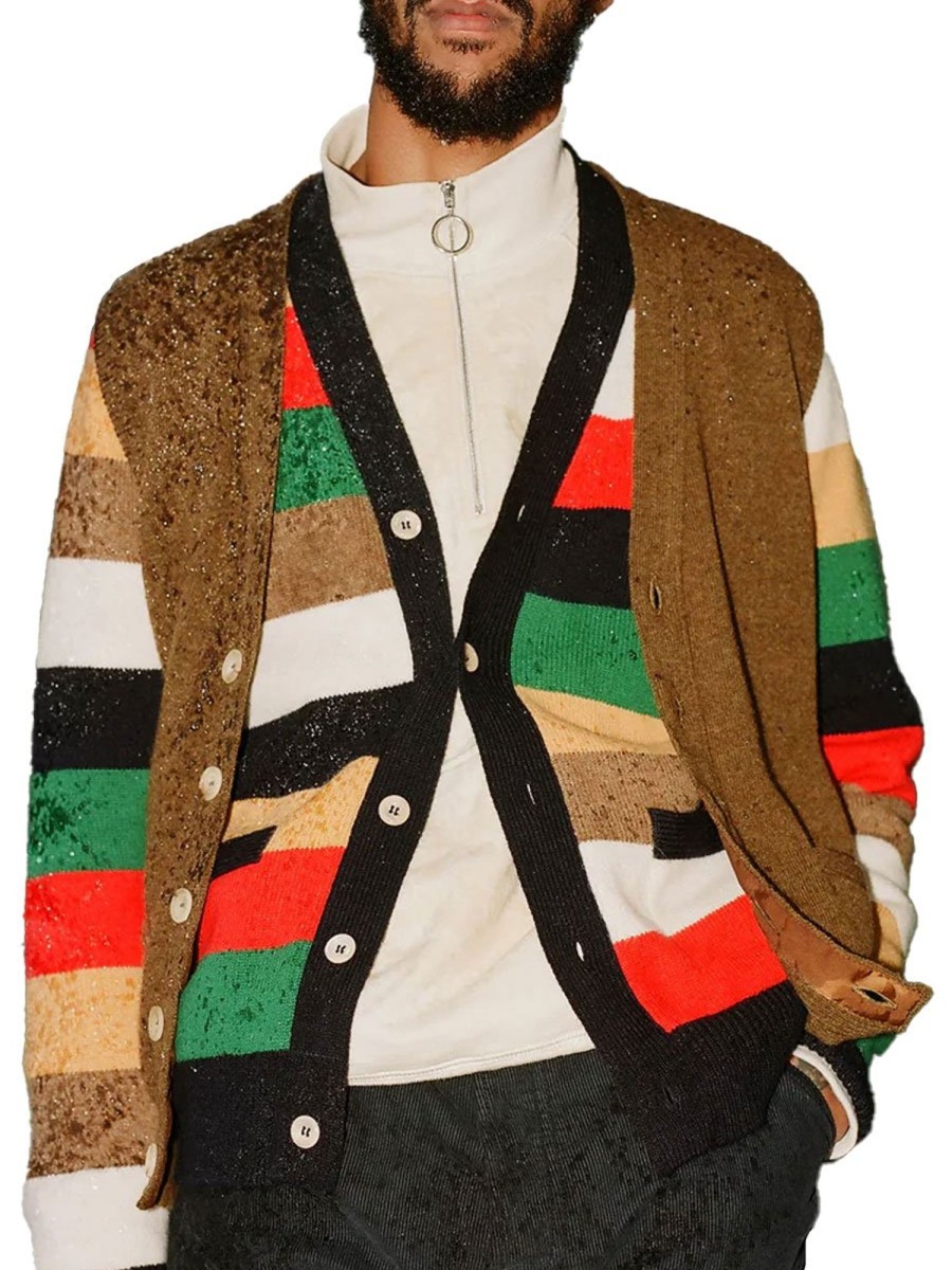 Men BXL Cardigan | Vintage Rainbow Multicolor Knitted Single Breasted Casual Cardigan Photo Color