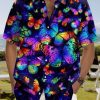 Men DJ Shirts | Rainbow Gradient Butterfly Print Short Sleeve Shirt Navy