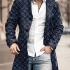 Men DJ Print Jacket | Retro Geometric Print Stand Collar Single Breasted Double Pocket Woolen Coat Navy