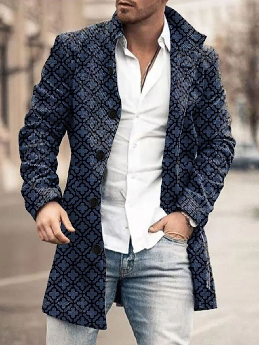 Men DJ Print Jacket | Retro Geometric Print Stand Collar Single Breasted Double Pocket Woolen Coat Navy