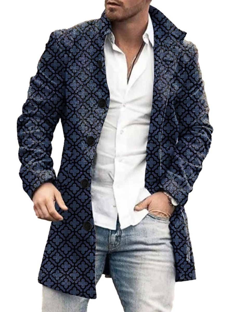 Men DJ Print Jacket | Retro Geometric Print Stand Collar Single Breasted Double Pocket Woolen Coat Navy