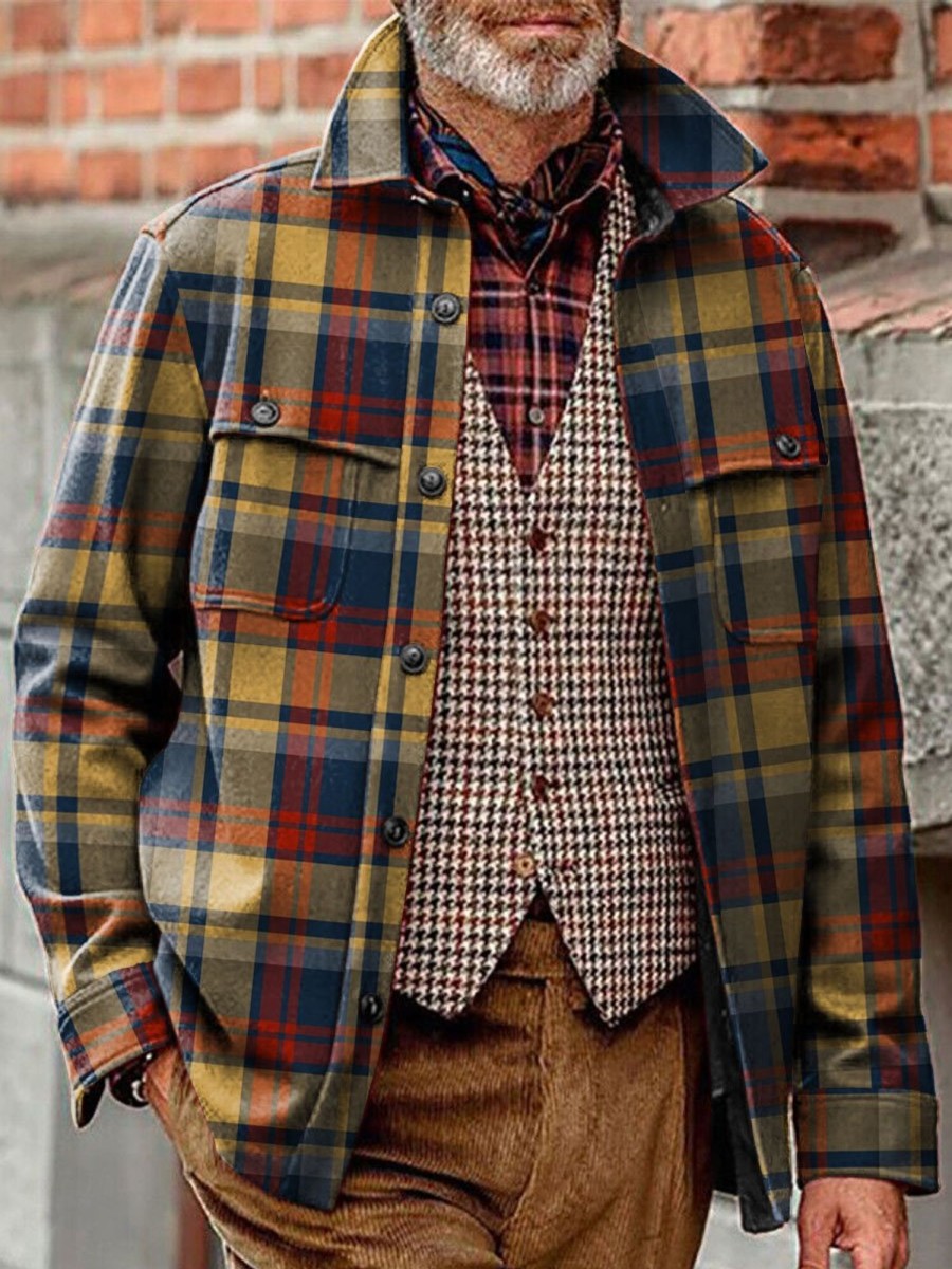 Men DJ Jacket | Vintage Classic Plaid Print Pocket Lapel Corduroy Jacket Photo Color