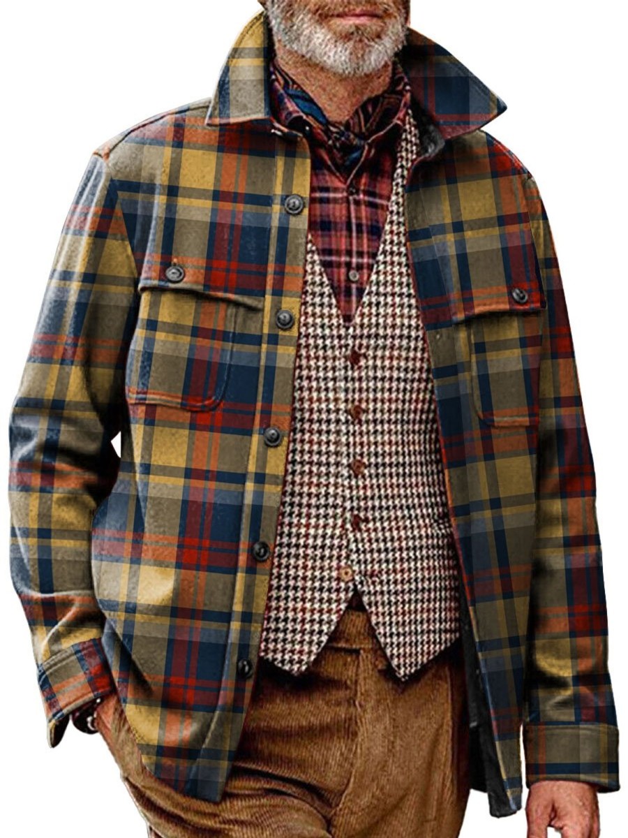 Men DJ Jacket | Vintage Classic Plaid Print Pocket Lapel Corduroy Jacket Photo Color