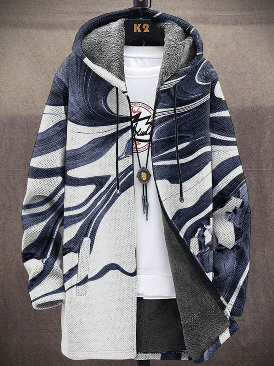 Men BXL Print Jacket | Men'S Casual Water Ripple Print Hooded Velvet Zippered Jacket 54484079Xl Blue