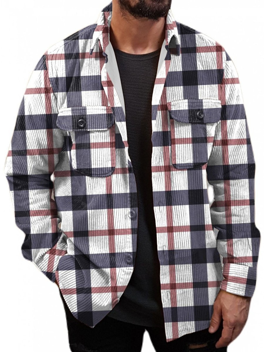 Men DJ Jacket | Classic Plaid Print Corduroy Double Pocket Single Breasted Jacket Photo Color