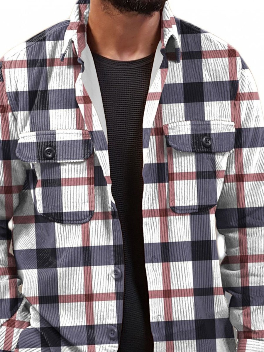 Men DJ Jacket | Classic Plaid Print Corduroy Double Pocket Single Breasted Jacket Photo Color