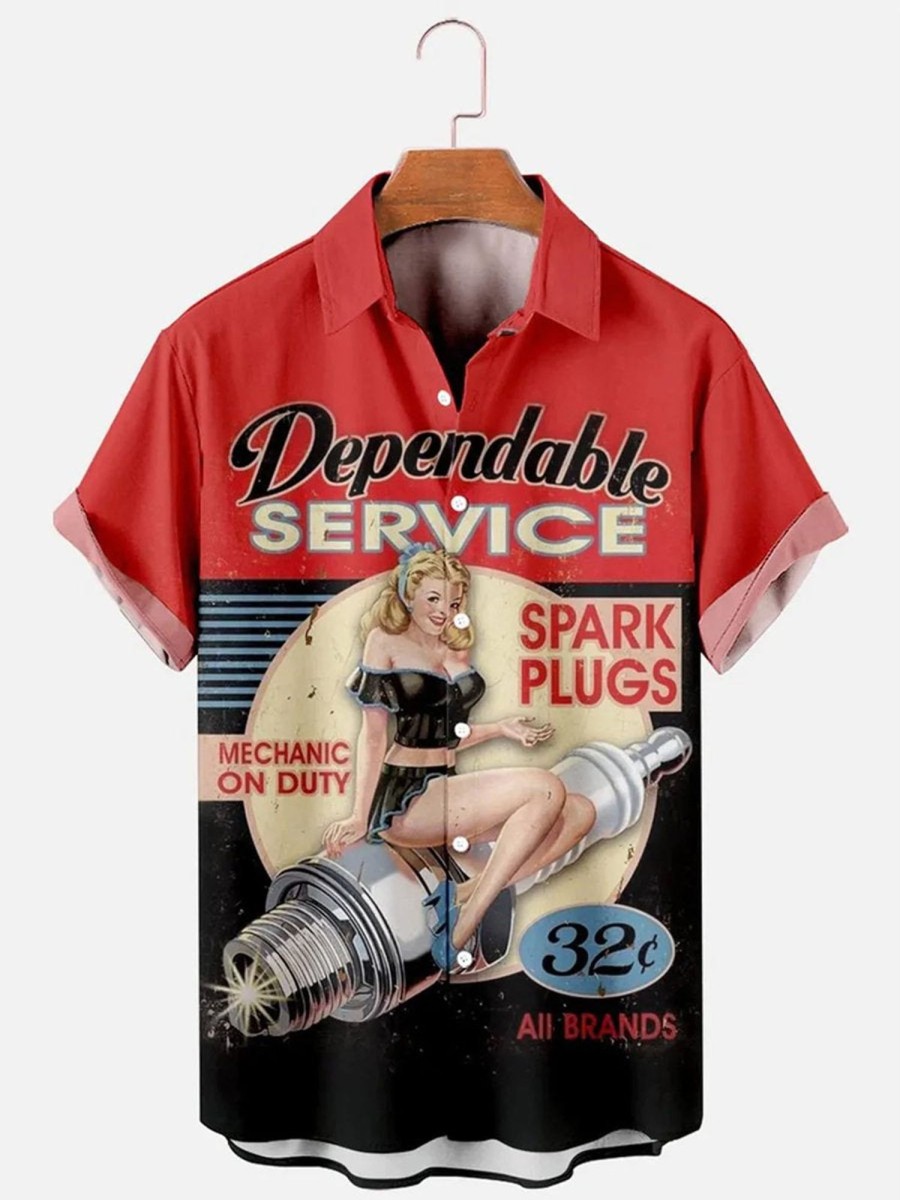 Men HLJ Shirts | Reliable Service Garage Mechanic Spark Plug Print Short Sleeve Shirt Red