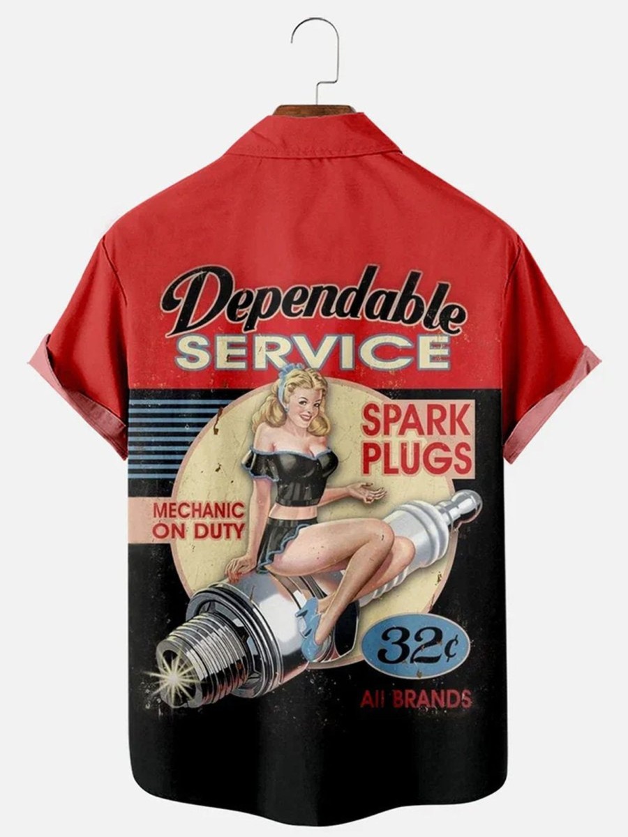 Men HLJ Shirts | Reliable Service Garage Mechanic Spark Plug Print Short Sleeve Shirt Red