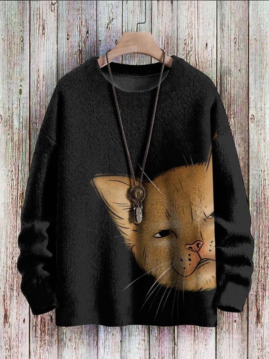 Men DJ Print Sweater | Cute Cartoon Cat Print Casual Crew Neck Knitted Sweater Black