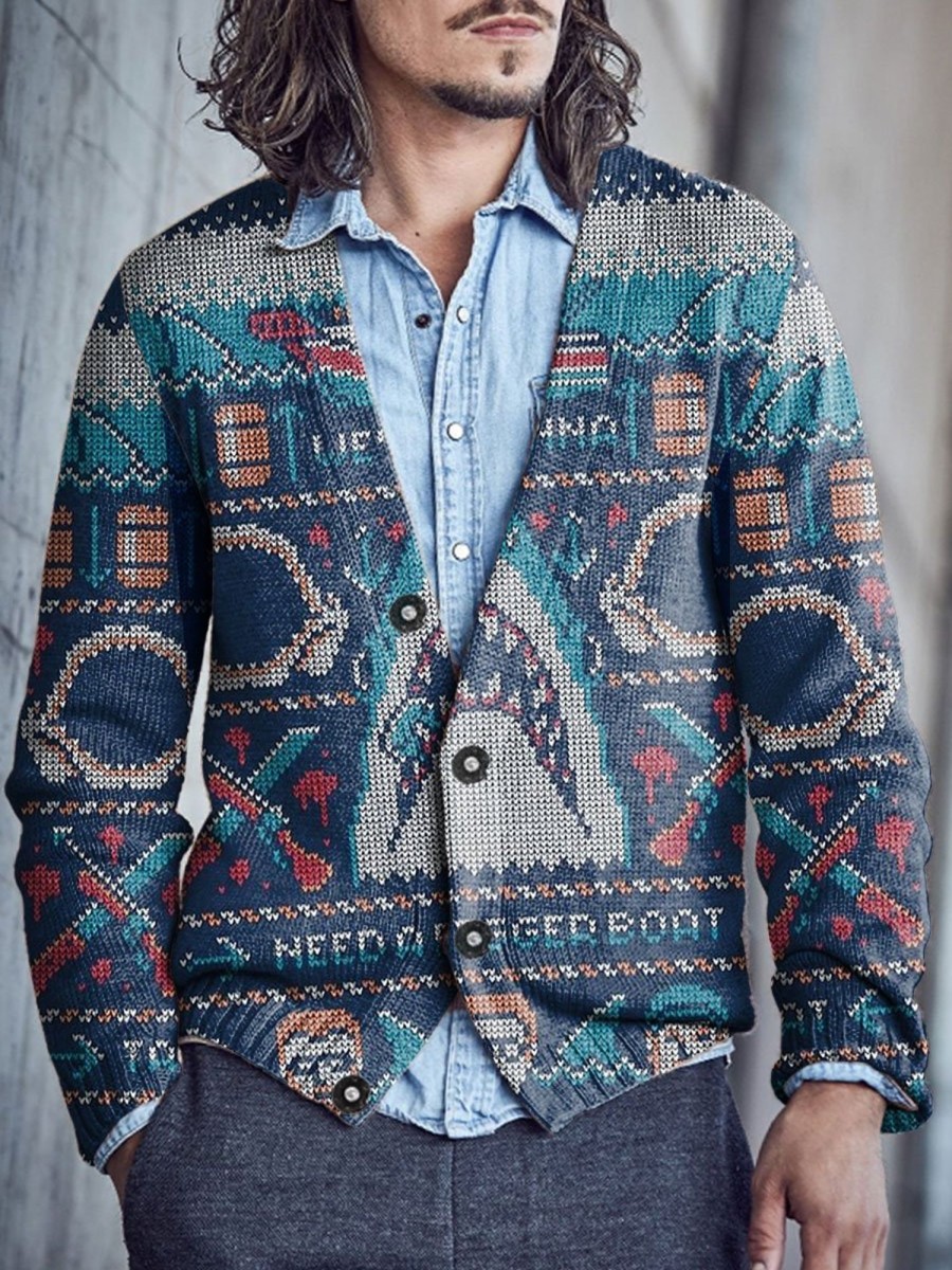 Men BXL Print Cardigan | Men'S Casual Fun Holiday Horror Shark V-Neck Sweater Cardigan Blue