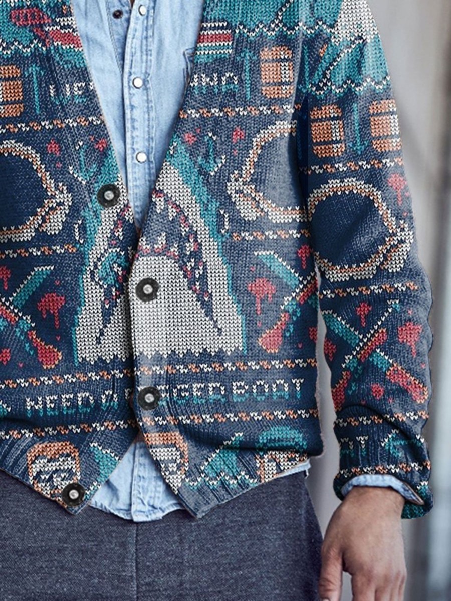 Men BXL Print Cardigan | Men'S Casual Fun Holiday Horror Shark V-Neck Sweater Cardigan Blue