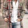 Men DJ Print Jacket | Stand-Collar Single-Breasted Vintage Plaid Print Double-Pocket Wool Coat Khaki