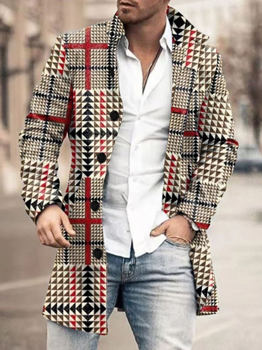 Men DJ Print Jacket | Stand-Collar Single-Breasted Vintage Plaid Print Double-Pocket Wool Coat Khaki