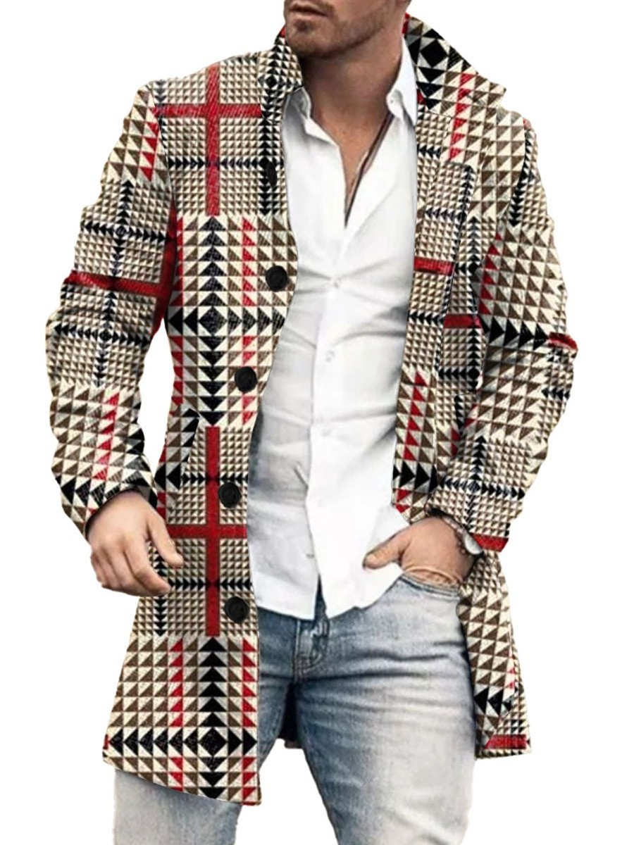 Men DJ Print Jacket | Stand-Collar Single-Breasted Vintage Plaid Print Double-Pocket Wool Coat Khaki