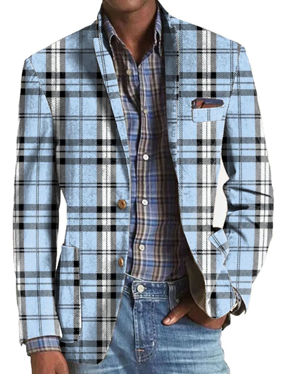 Men BXL Print Jacket | Men'S Retro Plaid Print Casual Lapel Blazer Blue