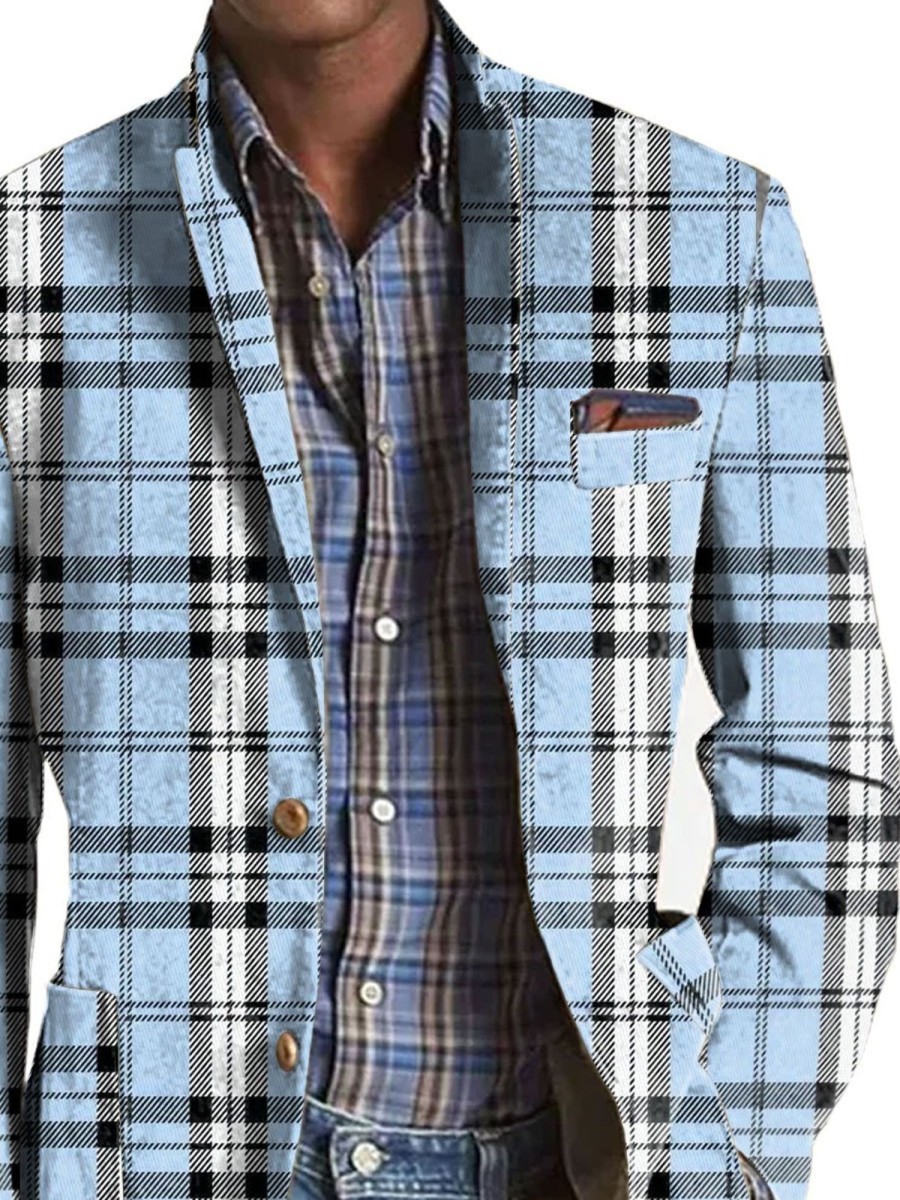 Men BXL Print Jacket | Men'S Retro Plaid Print Casual Lapel Blazer Blue