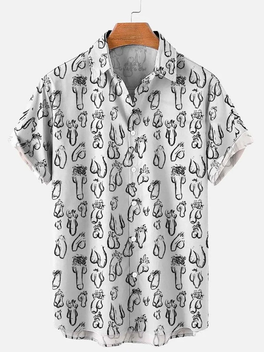 Men DJ Shirts | Cocks Simple Strokes Printed Casual Short-Sleeved Shirt White