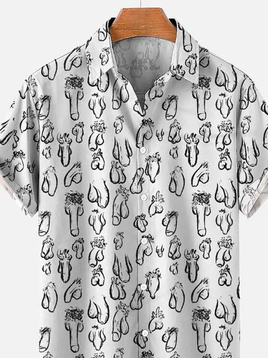 Men DJ Shirts | Cocks Simple Strokes Printed Casual Short-Sleeved Shirt White