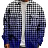 Men DJ Print Jacket | Vintage Gradient Houndstooth Print Double Pocket Shirt Jacket Blue