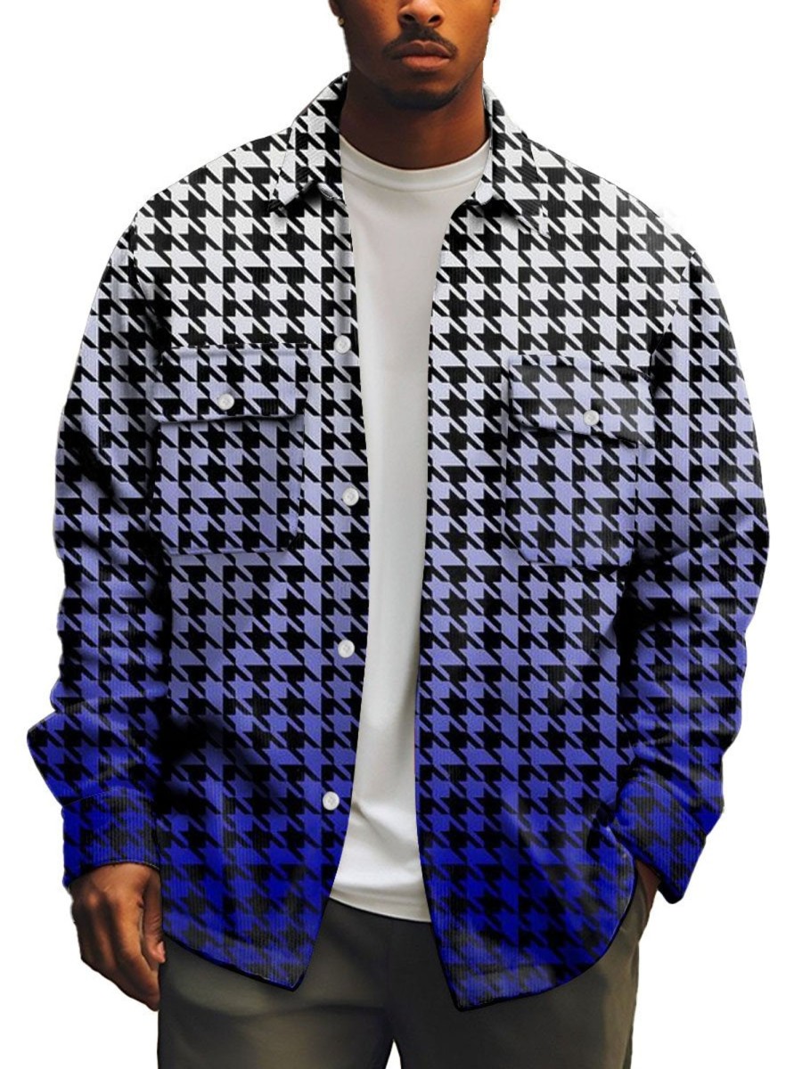 Men DJ Print Jacket | Vintage Gradient Houndstooth Print Double Pocket Shirt Jacket Blue