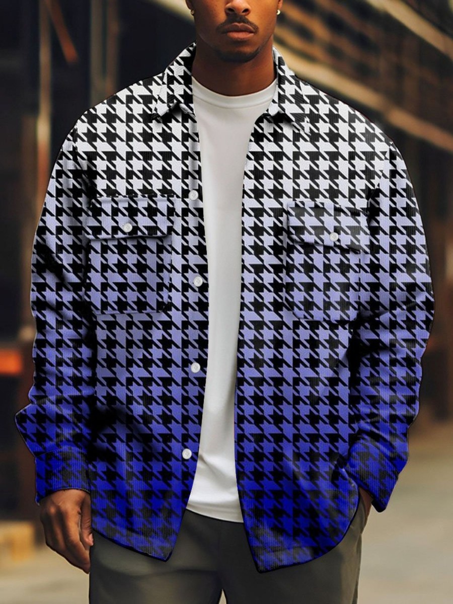 Men DJ Print Jacket | Vintage Gradient Houndstooth Print Double Pocket Shirt Jacket Blue