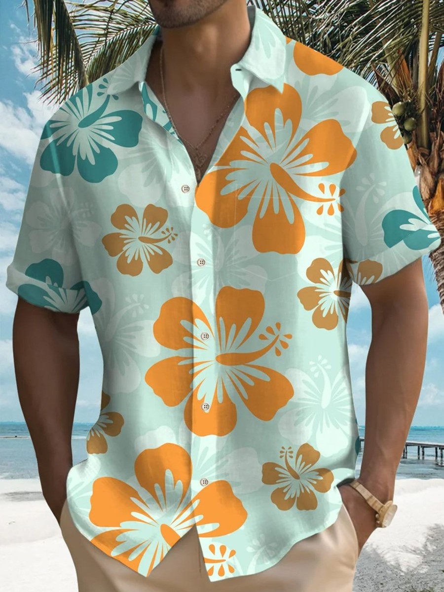 Men HLJ Shirts | Hibiscus Print Beach Men'S Vacation Hawaiian Aloha Shirt Light Green